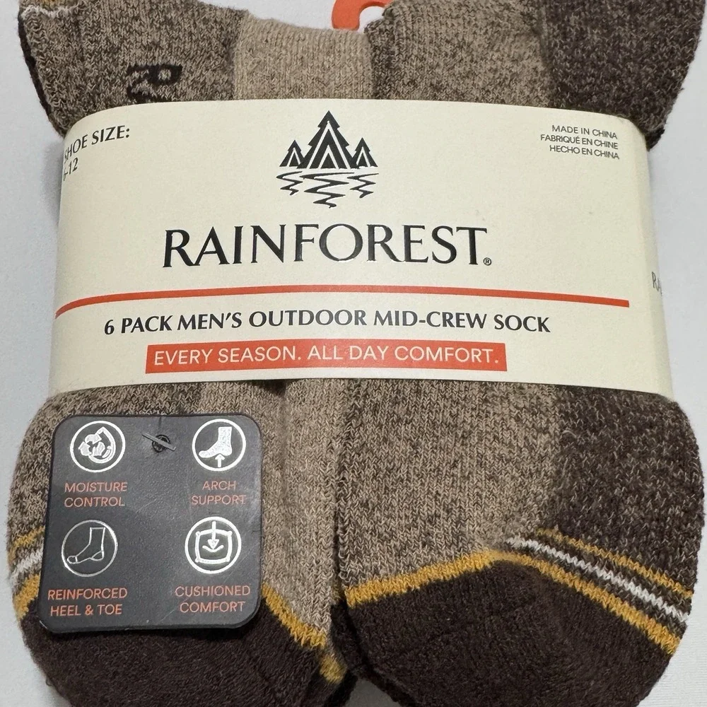 Rainforest 6-Pair‎ Men's Outdoor Mid Crew Socks  Shoe Size 6-12  Size 10-13 Tan